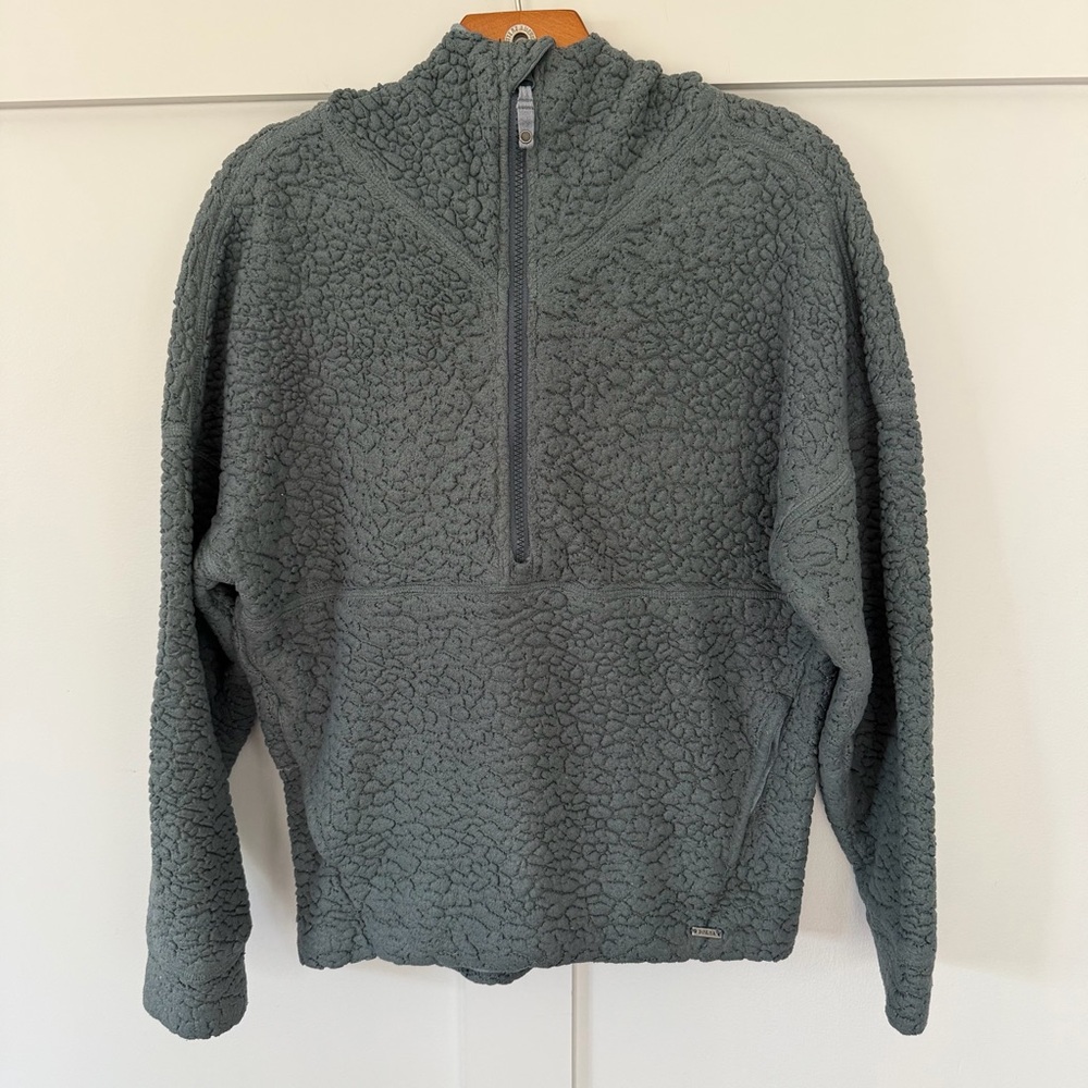 PrAna Women's Half-Zip Sweatshirt Sherpa Fleece Blue‎ Gray Pockets Hood Medium